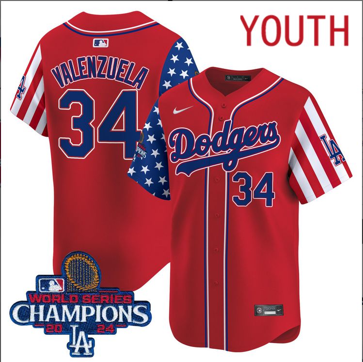 Youth MLB Los Angeles Dodgers 34 Valenzuela American Style red 2024 World Series Champions Limited Jersey